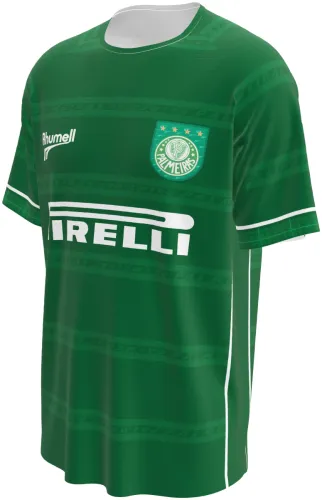 Camisa retrô titular do Palmeiras 2001 verde com faixas horizontais, frente e costas