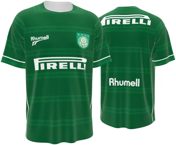 Camisa retrô titular do Palmeiras 2001 verde com faixas horizontais, frente e costas