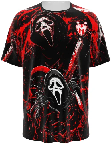 Camisa preta e vermelha com estampa de terror, máscara e foice, frente e costas