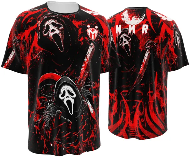 Camisa preta e vermelha com estampa de terror, máscara e foice, frente e costas