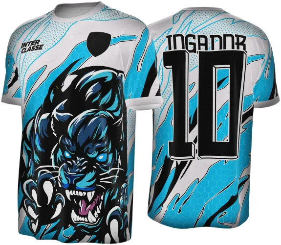 Camisa com grande mascote pantera azul turquesa na frente em fundo branco com detalhes pretos, texto INTER CLASSE no peito. Costas com número 10 e nome INGANAR em preto sobre fundo branco e azul vibrante.