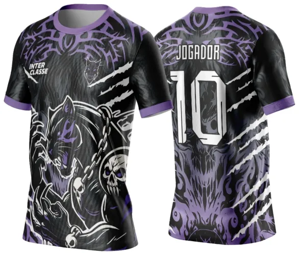 Camisa com arte frontal de pantera negra e correntes em preto e roxo com texto INTER CLASSE branco, costas com caveira roxa e preta, texto JOGADOR e número 10 em branco, mangas pretas com punhos roxos e detalhes tribais roxos