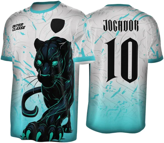 Camisa branca com degradê em verde água, frente com pantera negra imponente e olhos azuis, texto INTER CLASSE e escudo preto, costas com nome JOGADOR e número 10 em preto.
