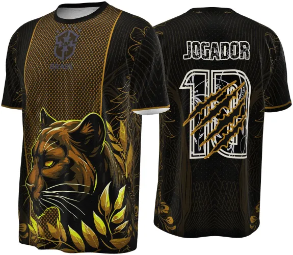 Camisa preta com estampa frontal de pantera negra em dourado e elementos florais, escudo Brasil no peito. Nas costas, texto JOGADOR e número 10 branco com três garras douradas, fundo com padrões geométricos e florais.