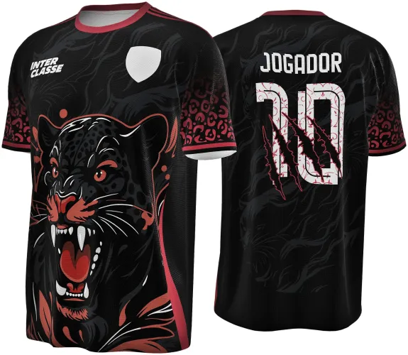 Camisa preta com grande rosto de pantera negra vermelha na frente, texto INTER CLASSE branco e escudo vazio. Costas mostram nome JOGADOR e número 20 branco riscado por garras vermelhas, mangas têm manchas vermelhas e gola vermelha.