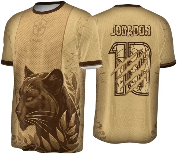 Camisa com frente em bege e marrom mostrando grande pantera negra e folhagens, botão marrom no colarinho; costas com texto JOGADOR e número 10 com arranhões, fundo bege com detalhes florais.