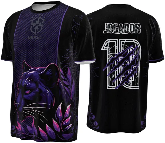 Camisa preta com faixa roxa ao centro, estampa frontal de pantera negra em perfil com detalhes em rosa e folhas roxas, escudo CBF Brasil no peito; costas com número 10 branco riscado por arranhões roxos e nome JOGADOR acima.