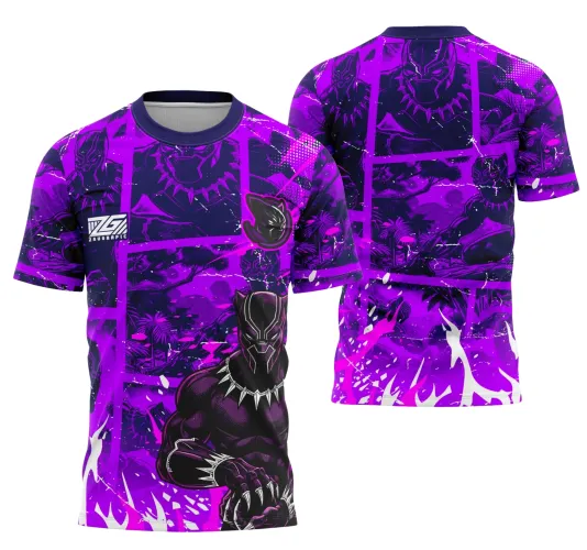 Camisa roxa com arte da pantera negra em pose fronta com colar de garras na frente e múltiplas imagens do mascote em quadros geométricos nas costas, cheia de detalhes em tons de roxo e branco, com textos INTER CLASSE e logo ZMG.