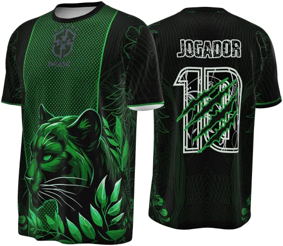 Camisa preta com detalhes verdes exibe na frente uma pantera negra estilizada com folhas ao redor e escudo CBF Brasil acima; nas costas, número 10 branco com detalhes verdes, três garras verdes, e o texto JOGADOR em branco no topo.