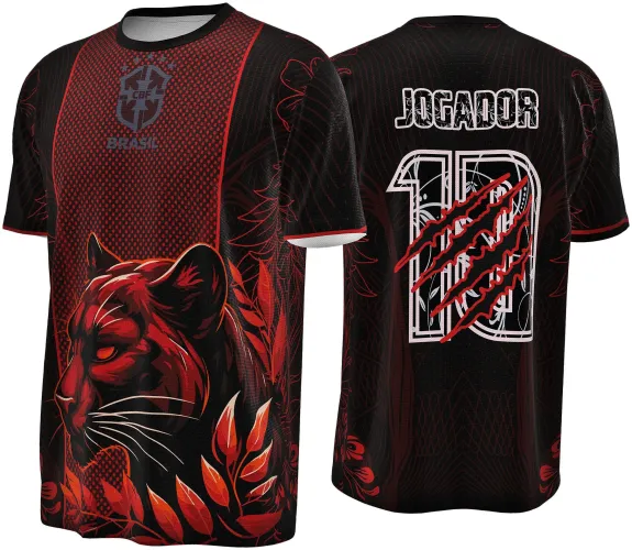 Camisa preta com faixa vermelha e estampa de pantera negra vermelha na frente; costas com número 10 branco riscado por garras vermelhas e palavra JOGADOR em branco, detalhes florais e escudo CBF cinza no peito.