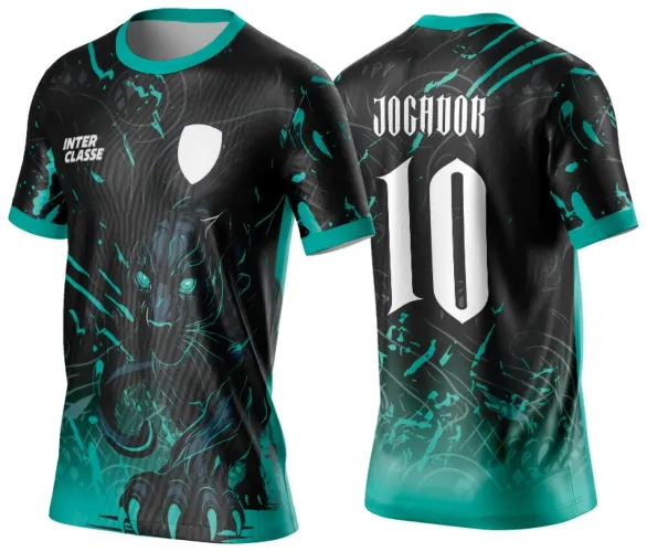 Camisa preta com gola e mangas verde água. Frente mostra pantera preta com olhos verde água e texto INTER CLASSE. Costas têm 'JOGADOR' e número 10 em branco, fundo preto com degradê verde água.