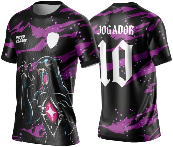 Camisa preta com faixas roxas, pantera roxa com luz rosa no peito na frente, texto INTER CLASSE e escudo branco; costas com texto JOGADOR e número 10 em branco.
