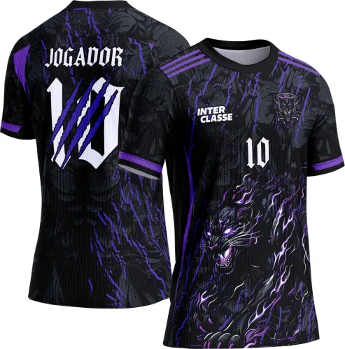 Camisa preta e roxa com pantera rugindo em destaque na frente, número 10 branco, logo INTER CLASSE, costas com texto JOGADOR e número 10 riscado por garras roxas, gola e punhos pretos e detalhes em degradê roxo.