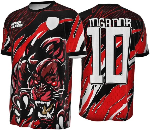 Camisa com frente estampada por grande pantera vermelha e preta feroz, olhos vermelhos e garras abertas, texto INTER CLASSE. Costas com número 10 branco e texto INGANOR, fundo hexagonal vermelho com detalhes em preto.