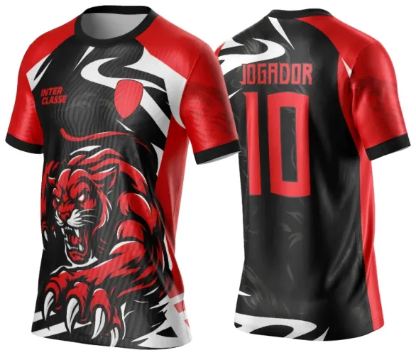 Camisa com estampa frontal de pantera vermelha feroz com garras destacadas, texto INTER CLASSE e escudo vermelho. Costas em preto com número 10 e palavra JOGADOR vermelhos e detalhes brancos.