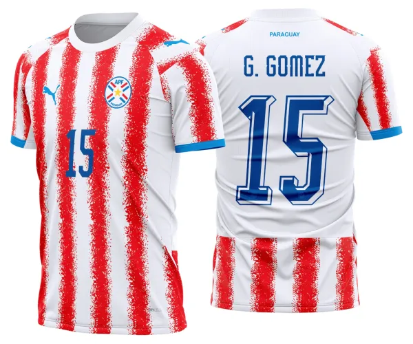 Camisa do Paraguai com logo no peito e estampa grande nas costas, mostrando design esportivo e moderno inspirado no time titular.