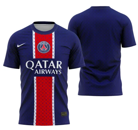 Camisa azul escura com faixa vermelha e branca central, escudo Paris Saint-Germain no peito, logo Nike e texto QATAR AIRWAYS na frente, costas azul com padrão discreto sem textos.