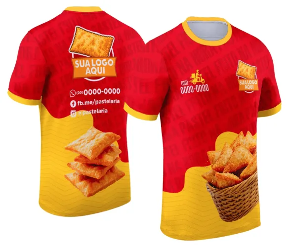 Camisa com logo no peito e estampa grande nas costas temática de pastelaria delivery, exibindo um design moderno e chamativo que destaca o visual com cores vibrantes e elementos gráficos relacionados a lanches e delivery.
