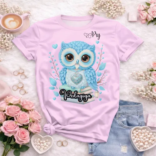 Arte camisa pedagoga coruja fofa educacional com ilustração de coruja e livros