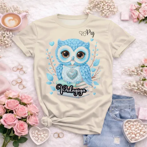 Arte camisa pedagoga coruja fofa educacional com tema educativo e design leve