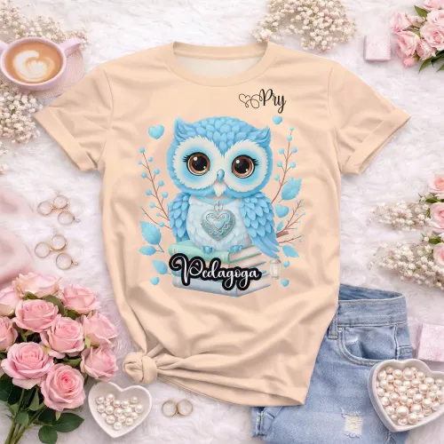 Arte camisa pedagoga coruja fofa educacional com visual educativo moderno