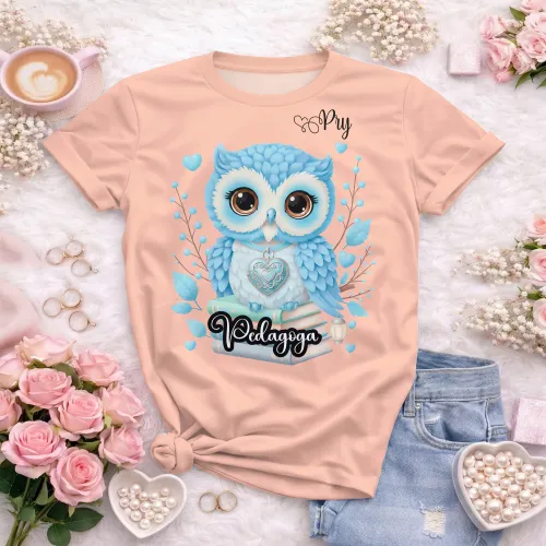 Arte camisa pedagoga coruja fofa educacional com design leve e criativo