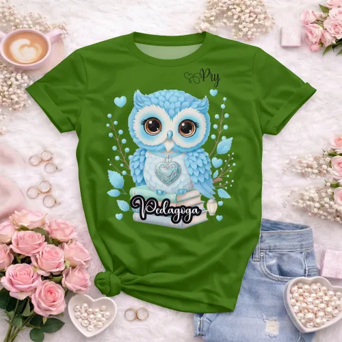 Arte camisa pedagoga coruja fofa educacional com tema ensino