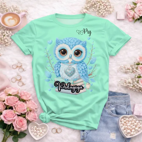 Arte camisa pedagoga coruja fofa educacional com design leve