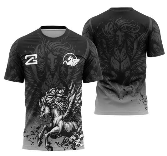 Camisa preta com degradê cinza, frente com pégaso branco galopando, logo de pégaso estilizado e símbolo ZG no peito, costas com pégaso imponente em sombra escura, detalhes em tons de cinza e preto.