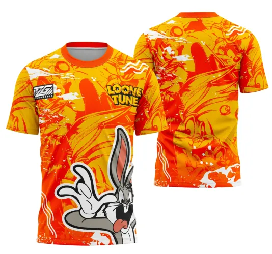 Camisa com fundo em degradê laranja e amarelo, frente com Pernalonga grande na parte inferior, texto LOONEY TUNES no peito direito e logo ZG no esquerdo, costas exibem esboços em tons alaranjados dos personagens Looney Tunes.