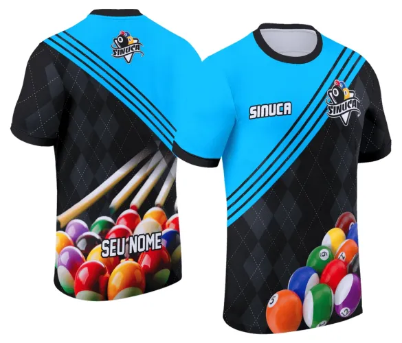 Camisa com logo no peito e estampa grande nas costas que retrata o universo da sinuca com design moderno e elementos do bilhar, perfeita para amantes do jogo exibirem estilo único.