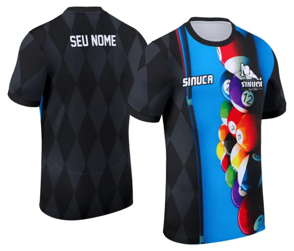 Camisa com logo no peito e estampa grande nas costas mostrando o tema bilhar com design clássico e vibrante ideal para fãs de sinuca