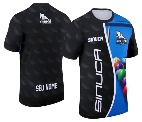 Camisa com logo no peito e estampa grande nas costas com tema de sinuca e bilhar, destacando a elegância e o estilo do design Snooker Bilhar 007 para entusiastas do esporte.