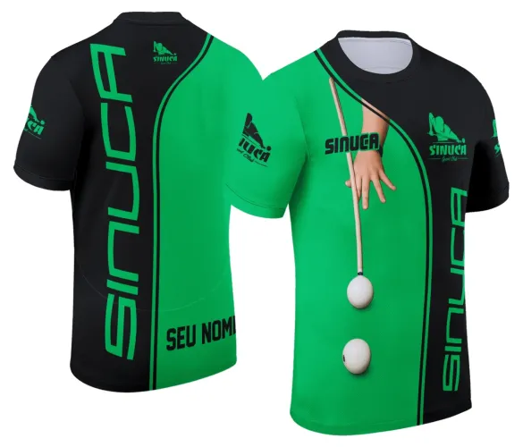 Camisa com logo no peito e estampa grande nas costas exibindo design exclusivo de sinuca inspirado no estilo snookers e bilhar, ideal para fãs do esporte e quem busca destaque visual.