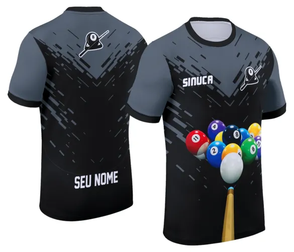 Camisa com logo no peito e estampa grande nas costas mostrando elementos do jogo de sinuca com design marcante e moderno, perfeita para fãs de bilhar e snooker