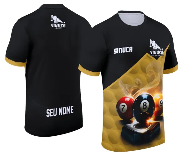 Camisa com logo no peito visível em destaque e estampa grande nas costas mostrando tema de sinuca e bilhar com cores vibrantes e design moderno.