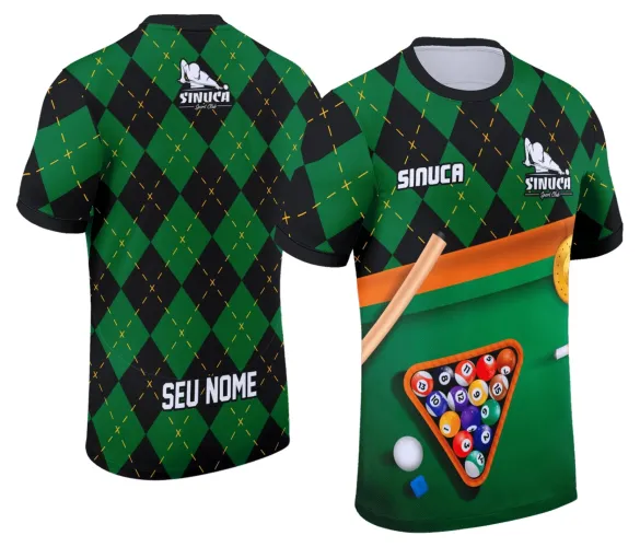 Camisa com logo no peito e estampa grande nas costas, destacando design de sinuca com toques modernos no estilo Snook Bilhar, perfeita para fãs do esporte e da cultura bilhar.