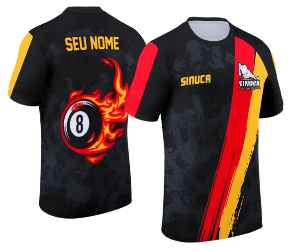 Camisa com logo no peito e estampa grande nas costas ilustrando um design moderno e vibrante inspirado na sinuca, com detalhes que remetem ao bilhar, perfeita para quem valoriza estilo e paixão pelo jogo.
