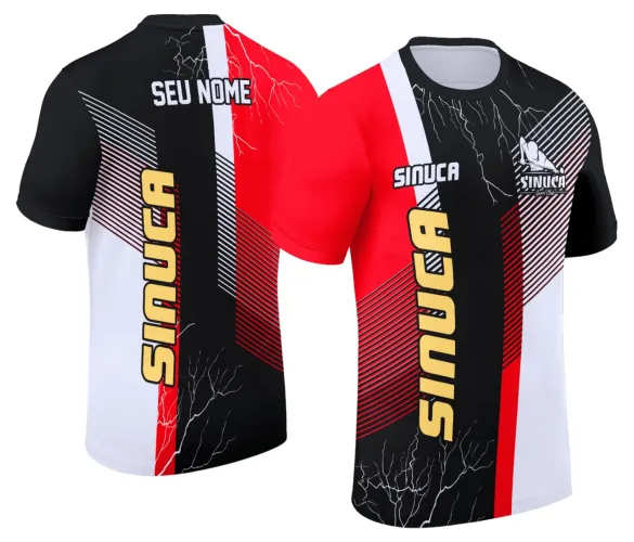 Imagem de camisa com logo no peito e estampa grande nas costas, destacando design moderno e temática de sinuca com detalhes vibrantes e acabamento impecável.