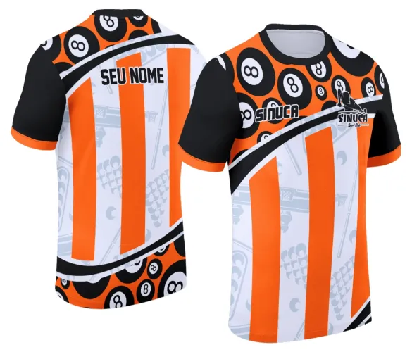 Camisa com logo no peito e estampa grande nas costas mostrando design exclusivo inspirado em sinuca e bilhar, ideal para fãs do esporte com visual moderno e original para destacar a paixão pelo jogo.