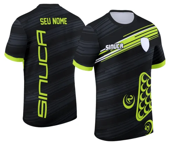 Camisa estilosa com logo no peito e estampa grande nas costas que traz elementos autênticos da sinuca, destacando cores vibrantes e detalhes que remetem ao bilhar com muito estilo e personalidade.