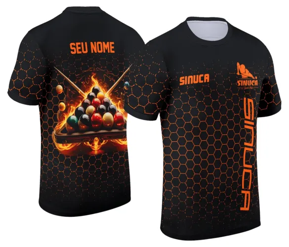 Camisa com logo no peito e estampa grande nas costas exibindo design exclusivo inspirado em sinuca e bilhar, com cores vibrantes e detalhes marcantes que destacam o estilo esportivo e moderno.
