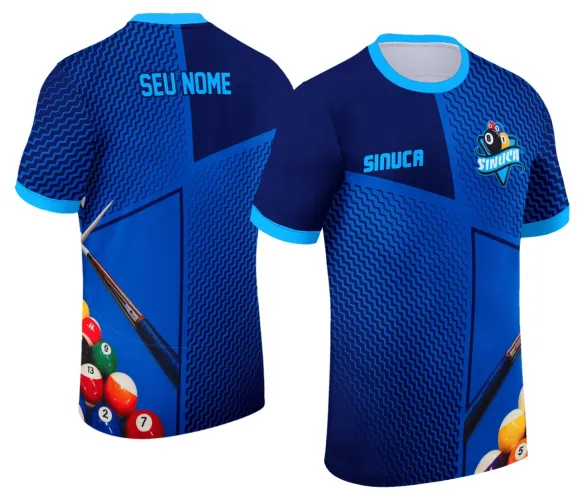 Camisa personalizada com logo no peito e estampa grande nas costas, exibindo design moderno e vibrante inspirado no universo da sinuca com tema Snook Bilhar.