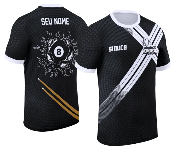 Camisa com logo no peito e estampa grande nas costas que remete ao universo da sinuca, exibindo um design vibrante e cheio de detalhes do bilhar, perfeita para quem ama o esporte.