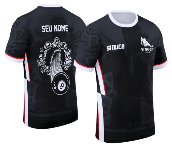 Camisa com logo no peito e estampa grande nas costas destacando tema de sinuca, design moderno e atrativo para amantes do bilhar.