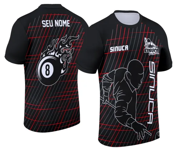 Camisa com logo no peito e uma estampa grande nas costas, mostrando design moderno e estilizado inspirado no jogo de sinuca e bilhar, perfeita para quem ama o esporte e quer estilo único no visual.