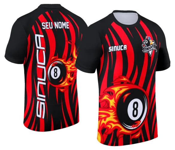 Camisa com logo no peito e estampa grande nas costas, exibindo design vibrante e estilizado inspirado no mundo da sinuca, com cores que destacam a paixão pelo bilhar em um visual moderno e único.