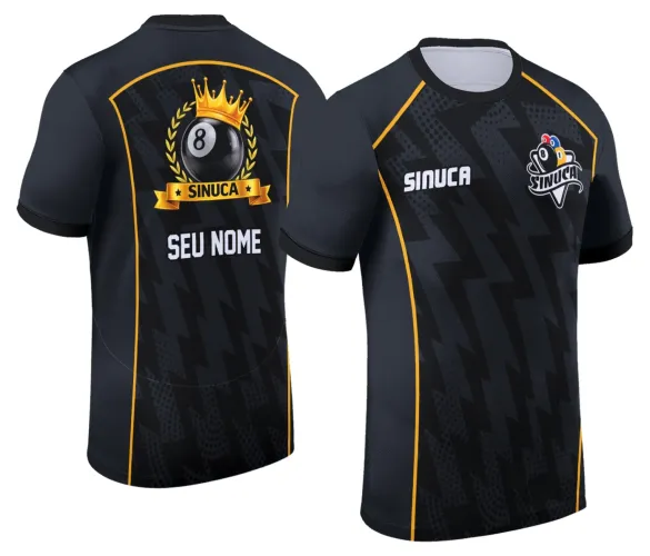 Camisa estilosa com logo no peito e estampa grande nas costas mostrando temática de sinuca e bilhar em design moderno e impactante, perfeita para celebrantes desse esporte.