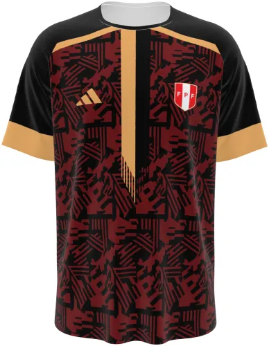 Camisa da seleção do Peru em conceito preto, vermelho e dourado, frente e costas juntas