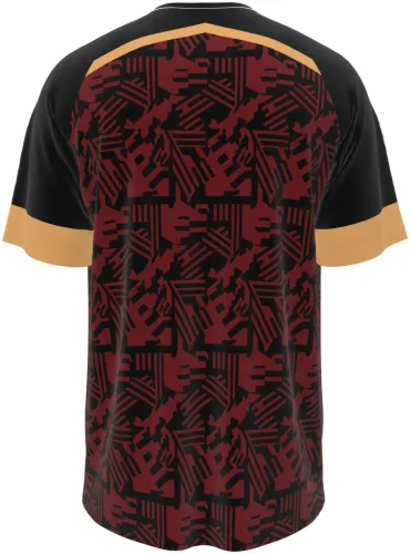 Camisa da seleção do Peru em conceito preto, vermelho e dourado, frente e costas juntas